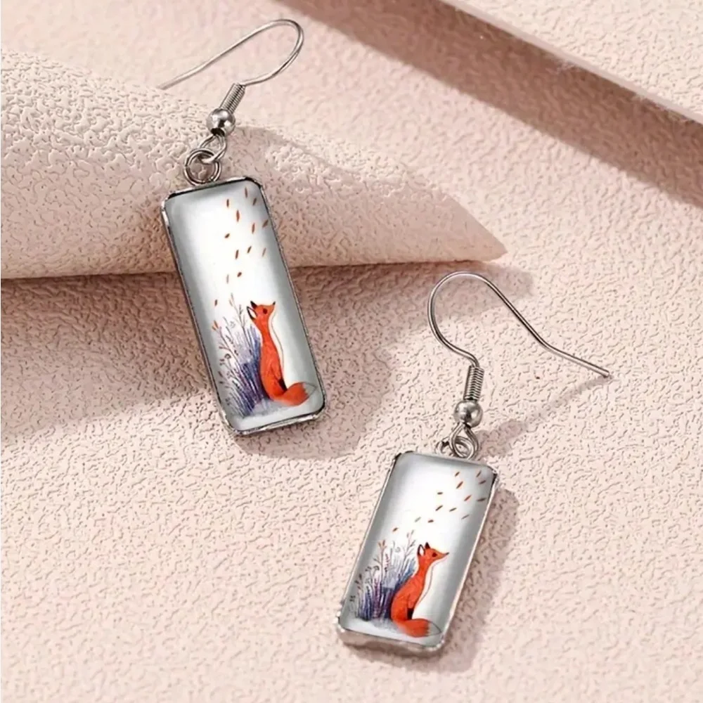 🦊 Spring Fox rectangle drop earrings dangle flower silver NEW - Picture 2 of 2